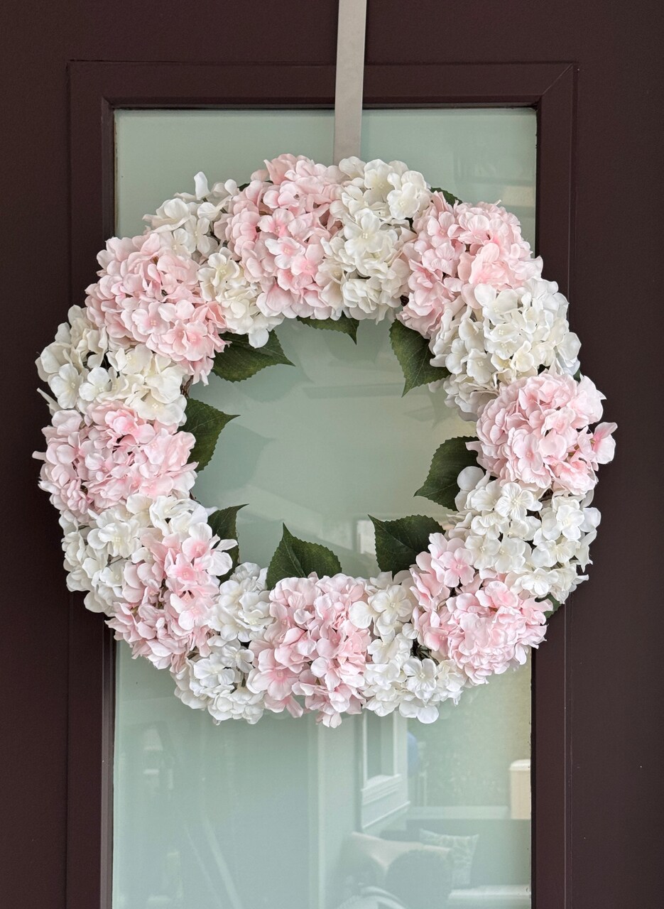 Capri Large White & Pink Silk Hydrangea Wreath 23" UV Resistant Handmade All-Season Indoor/Outdoor Floral Décor 16 Hydrangea Flower Heads on Natural Grapevine Base